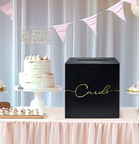 Image of HEIPINIUYE Large Card Box for Party 9.8 inch x 9.8 inch Black Gift Card Box Holder with Gold Foil Design for Wedding Birthday Baby Shower Retirement Graduation Party Raffle Box
