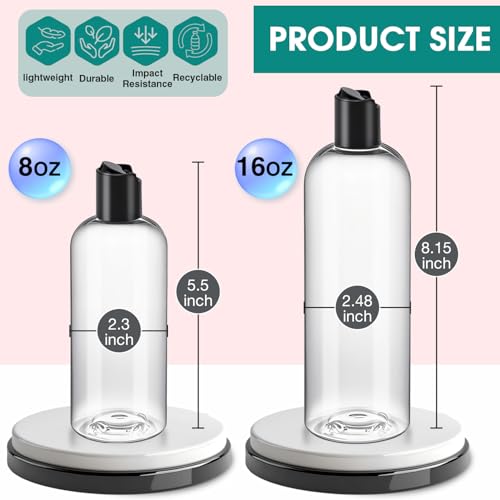 Image of 8 oz Clear Plastic Refillable Travel Shampoo and Conditioner Bottles with Black Disc Top Caps 3 Packs Empty Squeeze Bottles Cosmetic Containers for Lotions, Body Soap Cream