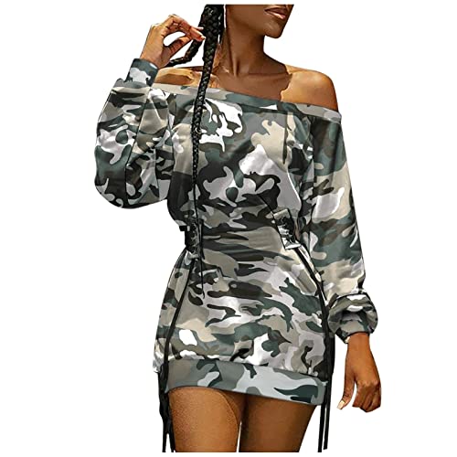 AMDOLE Lässiges Sommerkleider für Damen, figurbetont, schulterfrei, Camouflage-Druck, Schnürung, Kordelzug, Taille, langärmelig, Bodycons,...