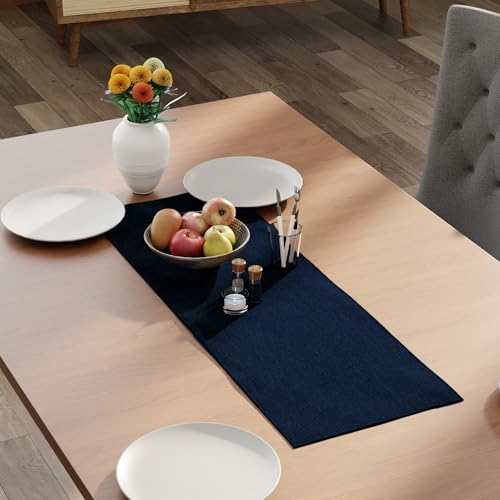 Image of Encasa XO Dining Table Runner for 4 to 6 Seater | 32x91 cm | Navy Blue | Chenille Fabric | Machine Washable