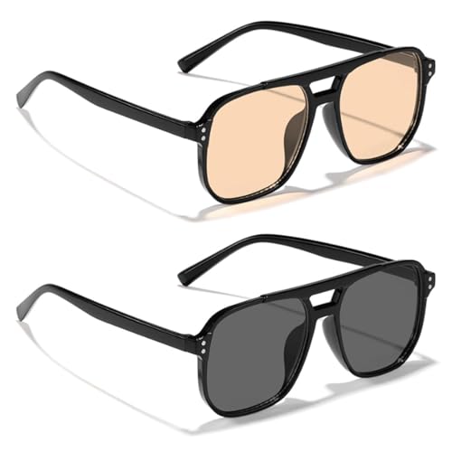 Funngy Gafas Amarillas,2 PCS Gafas de Sol Retro Vintage 70s para Hombre y Mujer Estilos Aviador Cuadradas y Redondas con Lentes Amarillas Rojas y Naranjas Protección UV375