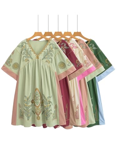 Image of Joiemont Womens Oversized Floral Embroidered Long Dress with V-Neck and 3 /4 Sleeves Vintage Embroidery Babydoll Dress