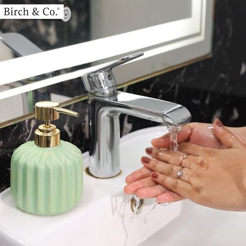 Image of Ceramic Soap Dispenser for Wash Basin - Handwash Dispenser Bottle - Leak-Proof Design with Silver Glossy BPA-Free Pump, Rivo, Green,SoapDispenser Rivo Green