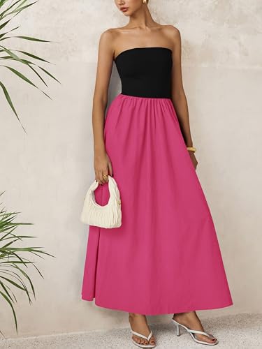 Image of PRETTYGARDEN Women 2026 Summer Elegant Strapless Maxi Dress Tube Top Dress A Line Flowy Long Wedding Party Cocktail Dresses(Black Rose Red,Large)