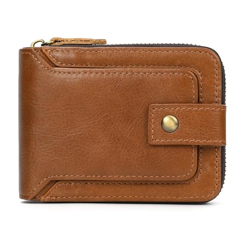 Genuine Leather Zipper Wallet for Men, RFID Blocking Mens Wallet with Zipper Coin Pocket ID Window Zipper Wallets Large Capacity