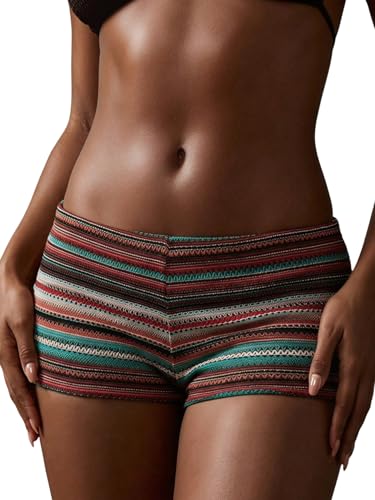 SOLY HUX Womens Knit Striped Micro Shorts Y2k Crochet Elastic Low Rise Color Block Beach Mini Shorts Multicoloured Striped Small