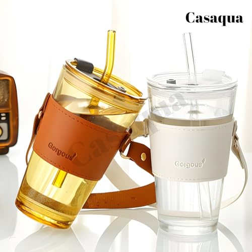 Image of Glass Tumbler with Lid & Straw - 450ml, Set of 1, Iced Coffee Cup, Clear Drinking Glass with Silicone Grip Sleeve, Leak-Resistant Lid, Travel Tumbler for Coffee, Tea, Office Use