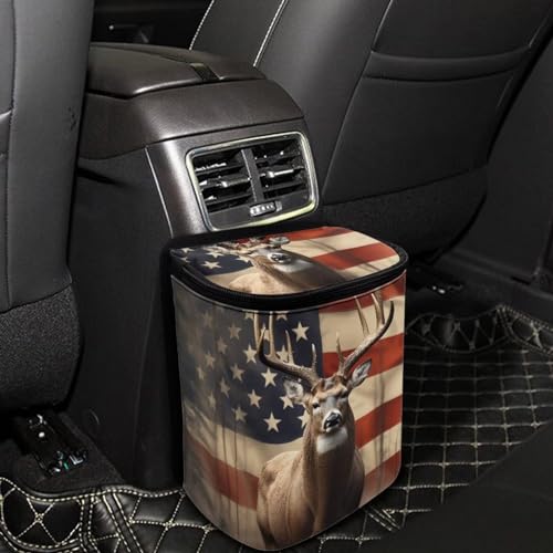 Image of Talayituse American Flag Deer Print Car Trash Can with Adjustable Straps, Foldable Car Trash Bag Bin Car Garbage Bag Multipurpose Storage Box for Vehicle Travel Camping Picnicing