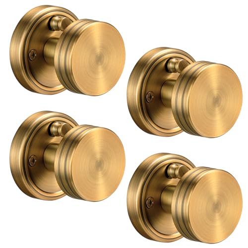 Calzibeno Privacy Antique Brass Door Knobs Heavy Duty Zinc Alloy Round Interior Door Knobs with Lock,for Bathroom & Bedroom, Modern Vintage Privacy Lockset with Emergency Release, 4 Pack