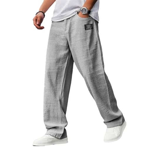 Mokaloha Mens Pants, New Men Casual Hemp Fabric Embroidered Logo Drawstring Loose Elastic Waist Trousers for Vacation Fashion2