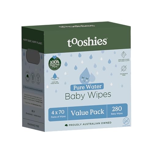 Tooshies Wipes | Pure Water Wipes | 100% Plastic Free | Biodegradable | Fragrance Free | 4 x 70pk (280 Wipes)