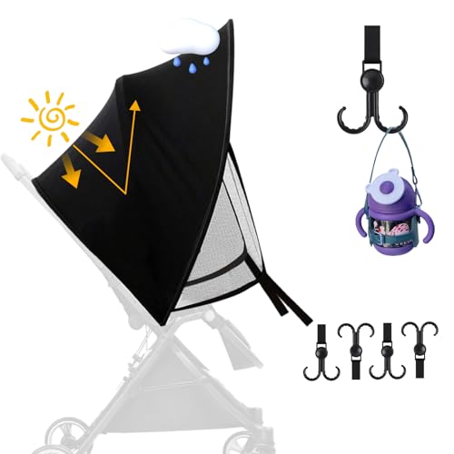 MirraSwit 1Pc Negro Parasol para Cochecito+4 Vinculación，Capota Extensible Universal, Sombrilla para Cochecito, Capota Universal Silla Paseo Para Protección UV contra el Viento a Prueba