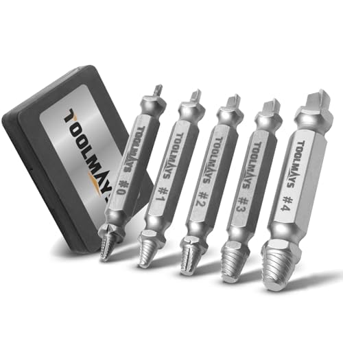 Toolmays 5pcs Damaged Screw Extractor Set, Stripped Screw Removal Tool, Max Hardness Up to 66 HRC