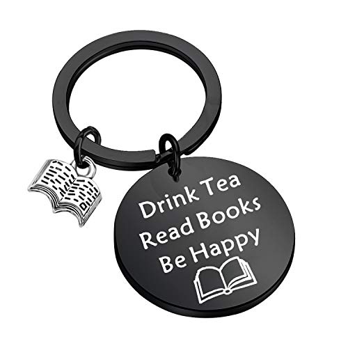 Image of FEELMEM Tea Lovers Drink Tea Read Books Keychain Party Gift Literature Book Lovers Jewelry Gift for Readers, Bookworm, Book (Drink Black)