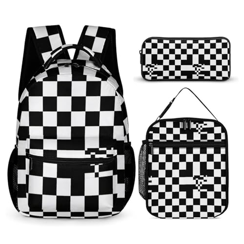 Backpack with Lunch Box & Cosmetic Bag Set Black And White Race Checkered Bookbag Daypack Set Backpack with Lunch Bag Storage Bags