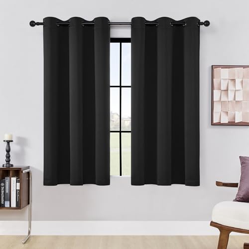 HUTO Short Blackout Curtains Drapes - Thermal Insulated Antique Copper Grommet Black Out Drapery Panels for Basement Bathroom Small Windows, Set of 2, 42 Inch by 45 Inch, Black