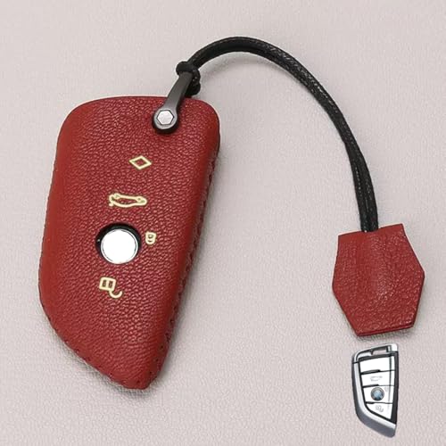 Image of Car Key Fob Cover Compatible with BMW 2 3 5 6 7 Series X1 X3 X4 X5 X6 X7 Z4 | Genuine Goat Leather Hand-Stitched, Volcano Red Premium Protective Case with Strap & Keychain