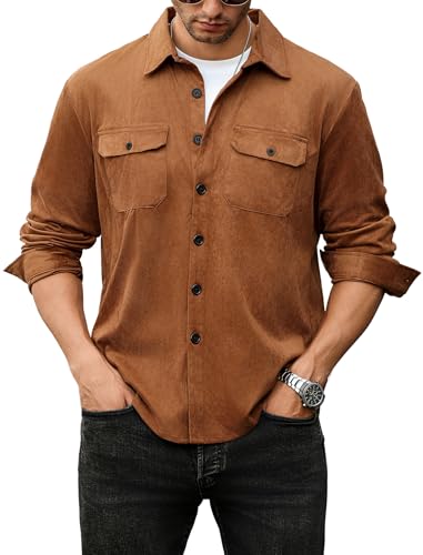 ZAFUL Men's Faux Suede Button Down Shirts Jacket Lightweight Shirt Jacket Long Sleeve Work Coat Solid Color Overshirt