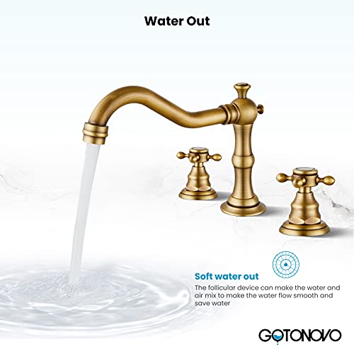 Gotonovo Widespread Bathroom Faucet Double Handle Mixer Tap For Bathroom Antique Brass Three Hole Deck Mount Hot Cold Water Matching Pop Up Drain With Overflow thumb #4