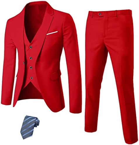 MY'S Men's 3 Piece Slim Fit Suit Set, One Button Solid Jacket Vest Pants with Tie Red