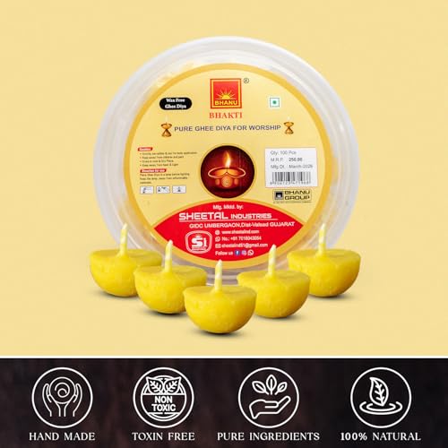 Image of BHANU Pure Ghee Diya Batti for Pooja, (100 Pieces),Festivals,Havans. | Readymade Diya Batti | Long Lasting| Wax Free Ghee Batti