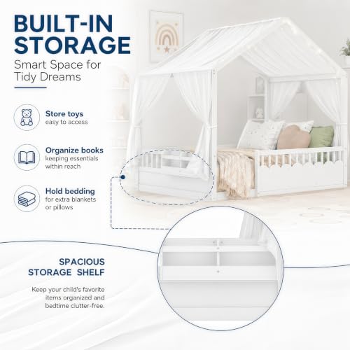 Image of Bellemave Twin House BedFrame with Canopy, Montessori House Bed with LED and Bookshelf and Rails for Kids, White