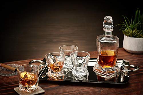 5-Piece European-Style Whiskey Decanter And Glass Set - With Magnetic Gift Box - Exquisite Quadro Design Liquor Decanter & 4 Whiskey Glasses - Perfect Whiskey Decanter Set For Scotch Alcohol Bourbon #TOP4