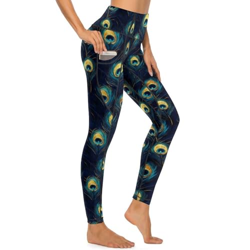 Legging imprimé plumes de paon taille haute pour femme avec poches de yoga