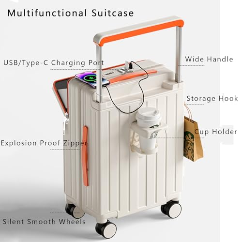 Light Weight Travel Luggage with Wheels, Carry on Luggage with Front Pocket, Waterproof Suitcase USB Port Cup Holder Side Hook, Durable (Orange, 22in)3
