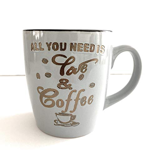 All You Need Is Love & Coffee Glazed Metallic Ceramic Sentiment Coffee /Tea Beverage Mug 14 ounce Cup Gray Gift (Bundle with Coffee theme Kitchen Towel TM)