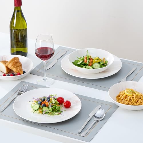 Image of Bestone 12 Pieces Round Kitchen Dinnerware Sets,Plates and Bowls sets,Dishes, Plates, Bowls, Dish Set,Plates and Bowls,Service for 4, Orange and White Marble