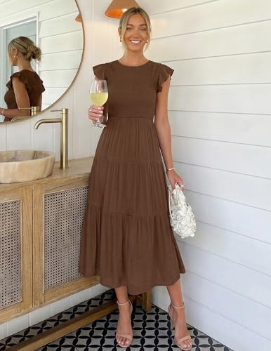 Image of ZESICA Women's 2026 Summer Casual Flutter Short Sleeve Smocked Midi Dress