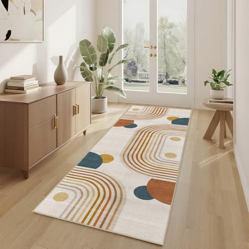 Runner Rug 2x6 Boho Washable Non-Slip Low Pile Hallway Runner Mid Century Modern Geometric Rug Bohemian Carpet Mat for Kitchen Bathroom Bedroom Laundry Room Living Room