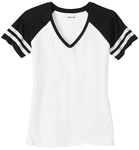 Joe's USA Ladies Distressed Retro V-Neck T-Shirt-White Black-M