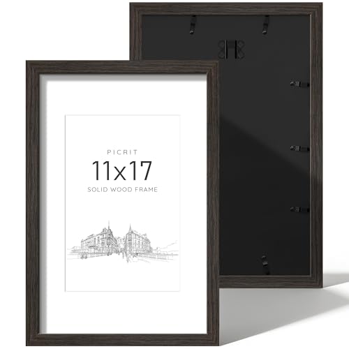 Picrit 11x17 Picture Frame Set of 2 Solid Wood with Black Backboard Displays 8x12 with Mat or 11 x 17 Without Mat Wall Mounted Wall Gallery Photo Frames for Home Decor Walnut Brown Wood Grain