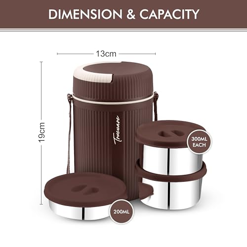 Image of Trueware Plastic GRUB 2 Double Wall Insulated Hot Lunch Box with 2 SS Container 300 Ml Each & 1 SS Container 200Ml | BPA Free | Food Grade | Hot and (LBI-GRB-002-Brown BAZ)