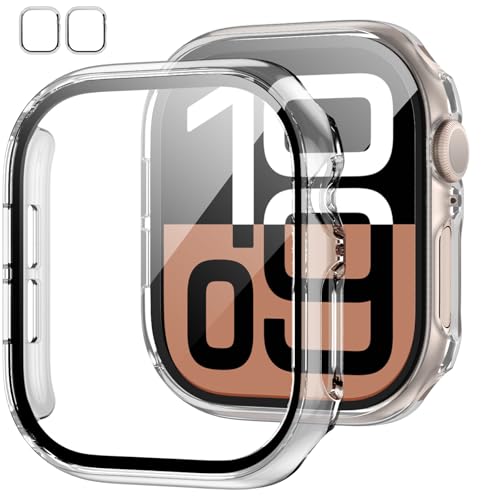 JZK 2 Pack Case with Tempered Glass Screen Protector for Apple Watch Series 10 42mm, Slim Guard Bumper Full Coverage Hard PC Protective Cover HD Ultra-Thin Cover for iWatch 10 42mm Accessories,Clear
