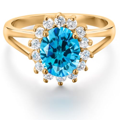 Gem Stone King 18K Gold Plated Vintage Victorian Blue and White CZ Cubic Zirconia Halo Engagement Ring for Women (Available in size 6,7,8)2