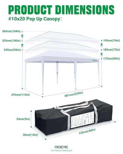 Image of Acepic 10x20 Pop Up Canopy Tent with 6 Removable Sidewalls, 2 Central Lock Easy Set-up Outdoor Party Tent, Commercial Grade Waterproof Party Gazebo with Church Windows, White
