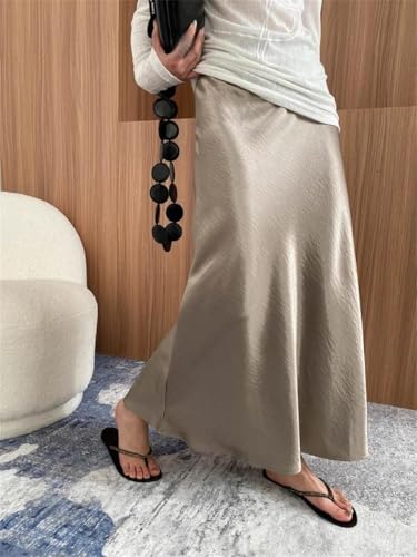 Women's High Waist Satin A-Line Midi Skirt Office Casual Solid Long Skirt3