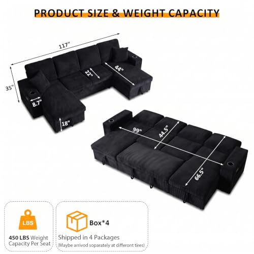 Image of Modular Sectional Sleeper Sofa Bed, 117 inch U-Shaped Sofa with Dual Storage Chaise | Reclining Backrest | Wide Armrest, Couches for Living Room, 4 in 1 Pull Out Couch Bed, Corduroy Black