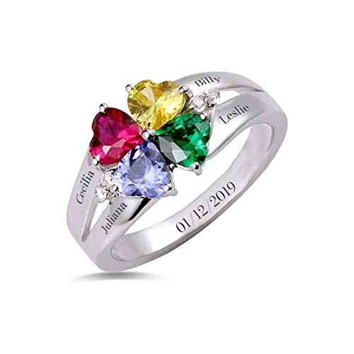 SEKECHIKU Mothers Ring Personalized 1-6 Birthstones Family Rings Sterling Silver Engraved Name Rings Custom Ring for Women Grandma Mom Her Daughter
