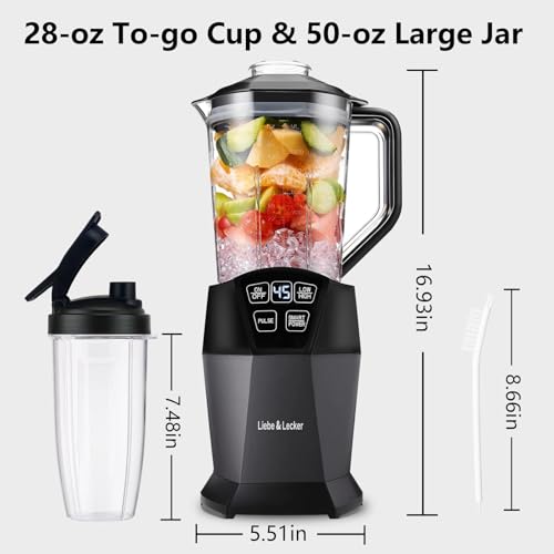 Image of Liebe&Lecker 1200W Smoothie Blender, 50oz blenders for kitchen | Milkshake Maker with 50-Oz Jar, 28-oz To-Go Cups & Spout Lids, or Frozen Drinks, Meal Prep, Zero BPA