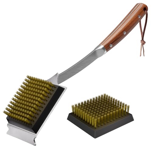 ENLOY Grill Brush and Scraper for Barbecue 17 Grill Brush for Outdoor Grill Extended Rosewood Handle and 2 Replaceable Copper Wire Brush Heads Grill Cleaning Brush Grill Accessories for Most Grill