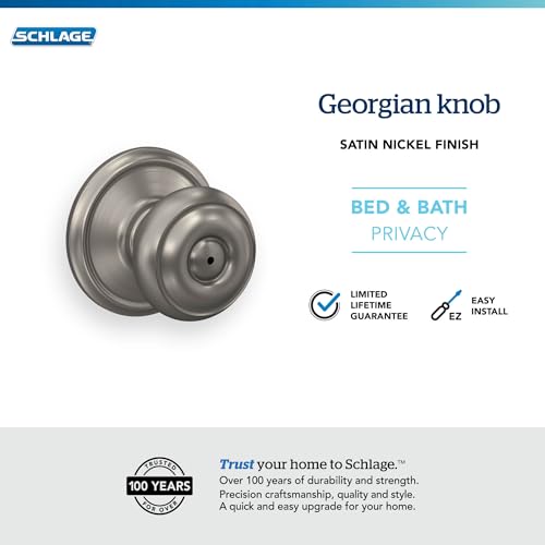 Image of Schlage F40 V GEO 619 Georgian Door Knob, Bed & Bath Privacy Lock, Satin Nickel