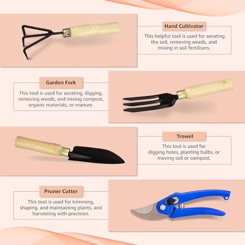 Image of 4 Piece Gardening Tool Set | Hand Cultivator, Trowel, Garden Fork, Pruner with Wooden Handle