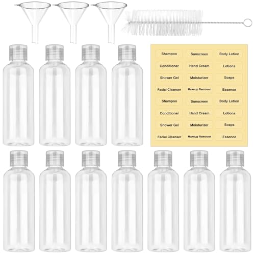 Coicok 11 botellas de viaje de 100 ml, accesorios útiles para viajes, con 3 embudos pequeños, transparentes, botellas de viaje con etiquetas y cepillo limpio, recipientes de viaje para champús