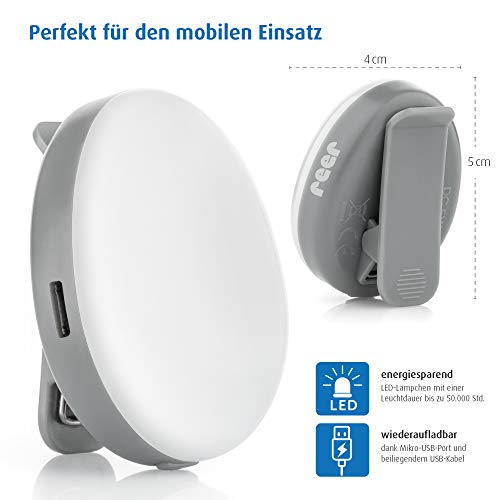 Reer 52361 ClipLight LED-Still-Licht mit Clip, 2 Helligkeitsstufen, 15 Minuten Timer, Kunststoff , Grau