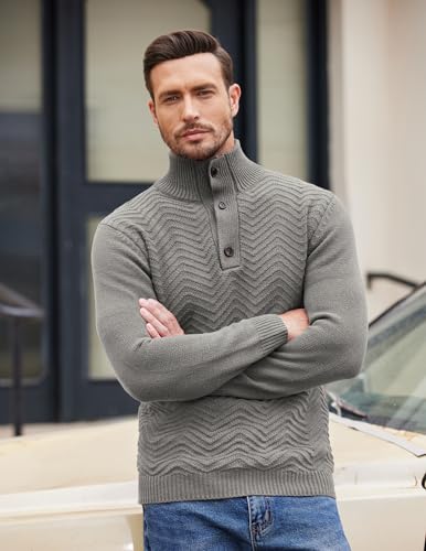 COOFANDY Mens Quarter Button Sweater Turtleneck Pullover Sweater Cable Knit Henley Mock Neck Sweater3