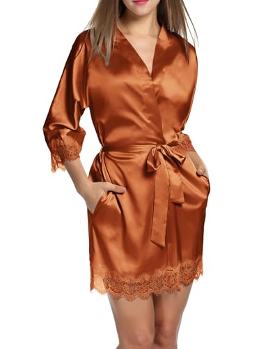 Image of Ekouaer Womens Silk Robes Short Lace Trim Satin Bride Bathrobe with Pockets